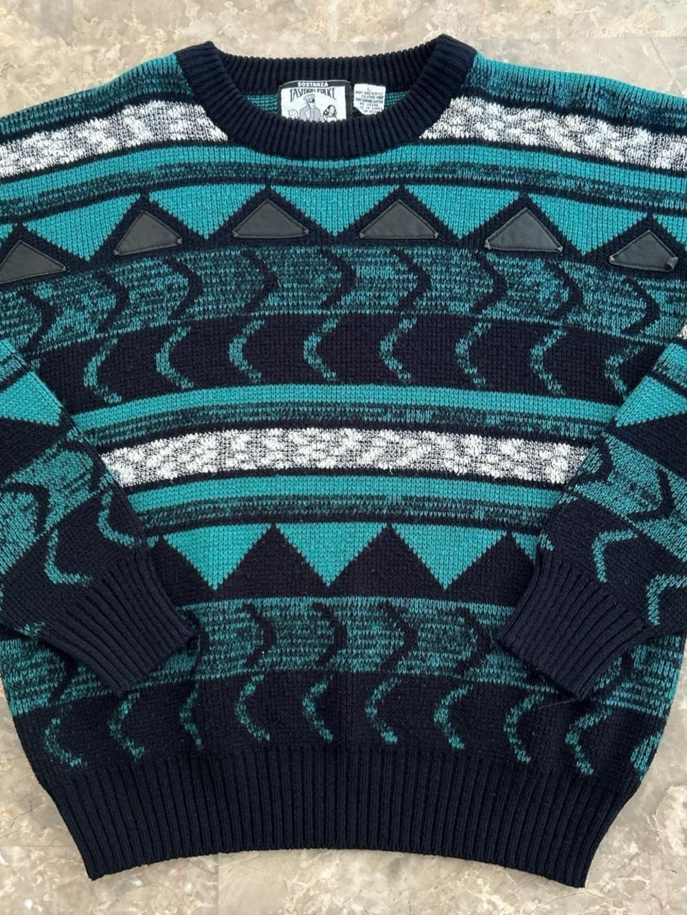 Vintage 90s Sostanza Fashion Police Geometric Knit Sweater Leather Trim L
